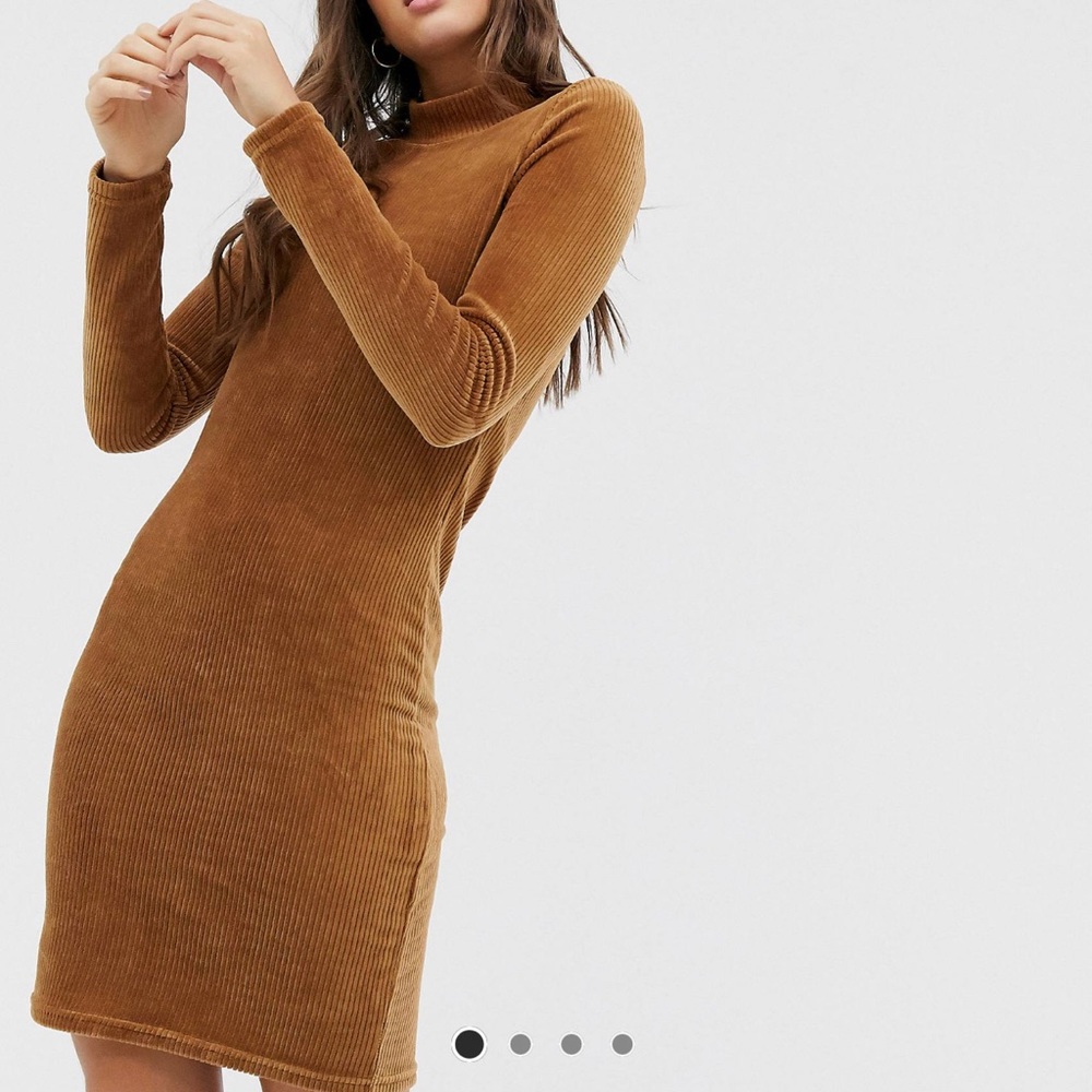 ASOS Camel Ribbed Corduroy Long Sleeve Mini Dress